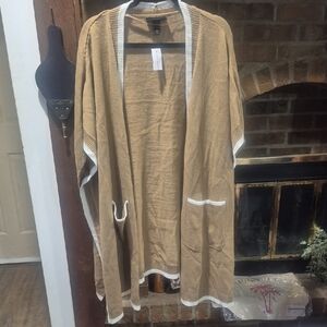 Lane Bryant Tan Open-Front Poncho with White Trim